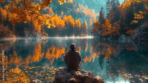 Person Sitting on Rock Looking at Lake photo