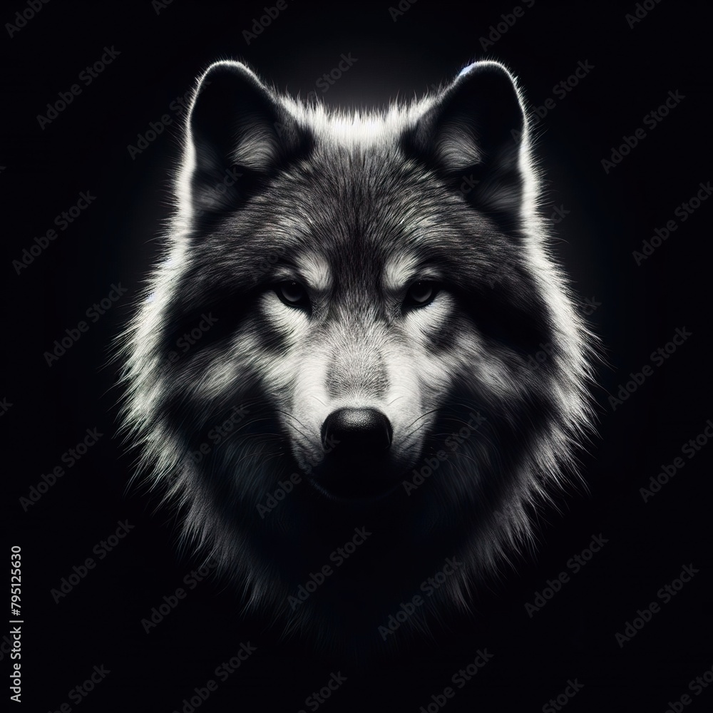 A violent wolf portrait, with the rim light. The background is black. Minimalist photography A violent wolf portrait, with the rim light. The background is black. Minimalist photography