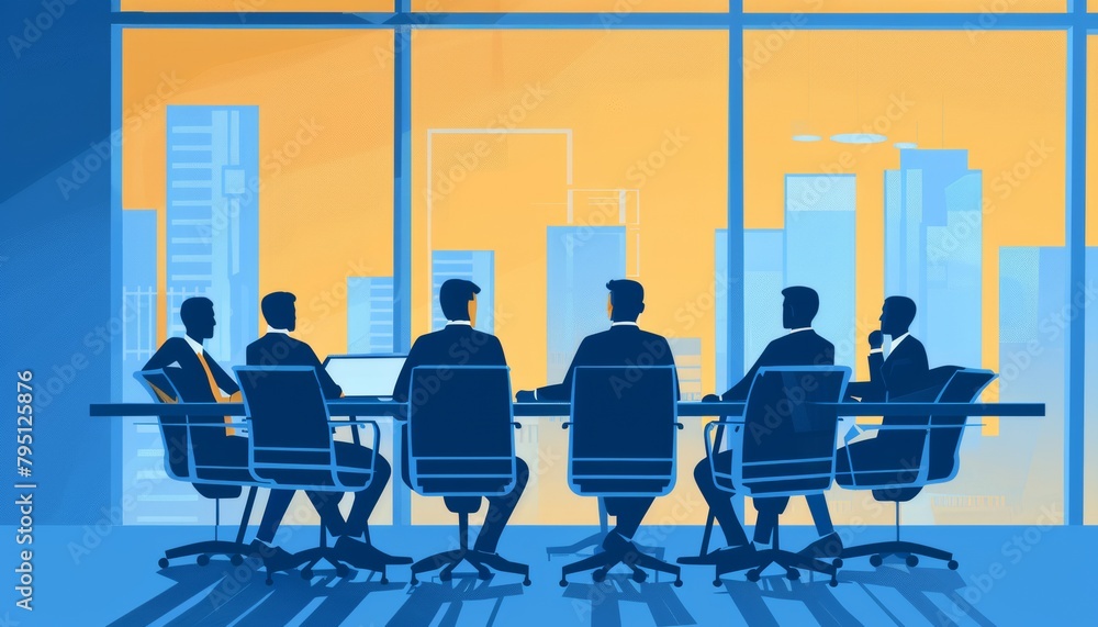 Illustration of Corporate Business Meeting, Executives in Strategy Session, Vector Sunrise Boardroom with City View, Team Collaboration and Leadership Illustration of Corporate Business Meeting, Executives in Strategy Session, Vector Sunrise Boardroom with City View, Team Collaboration and Leadership