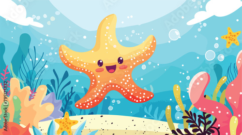 Sea animals with landscape - cute cartoon vector illustration