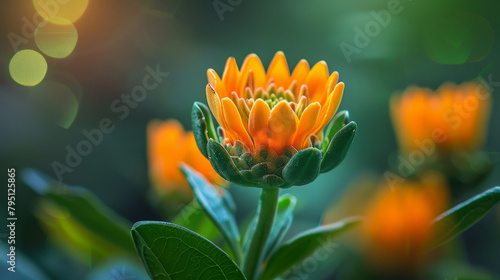 A close up of a single orange flower with green leaves