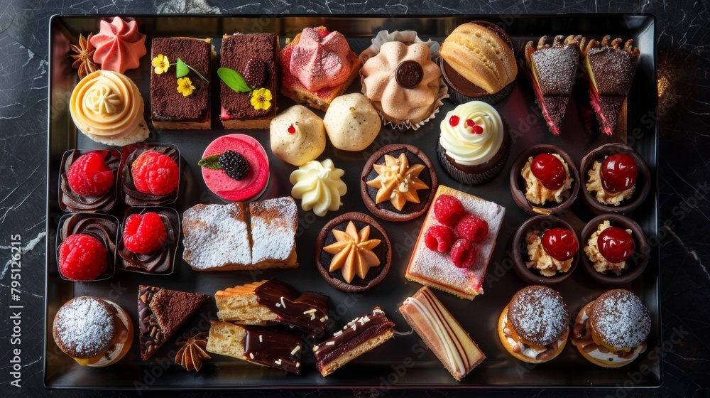 Tempting food platter with a selection of indulgent desserts and sweet treats, perfect for satisfying your sweet tooth Tempting food platter with a selection of indulgent desserts and sweet treats, perfect for satisfying your sweet tooth