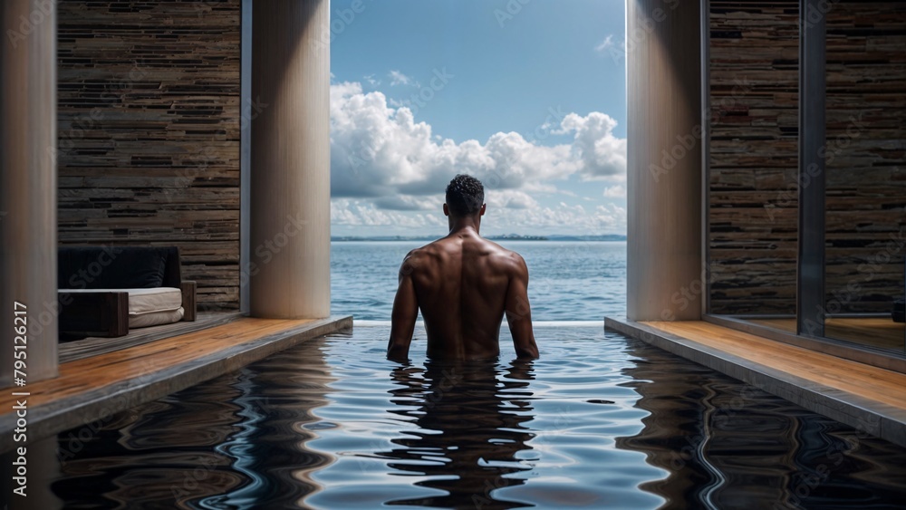 athletic afro boy, back view, in an infinity pool on vacation athletic afro boy, back view, in an infinity pool on vacation