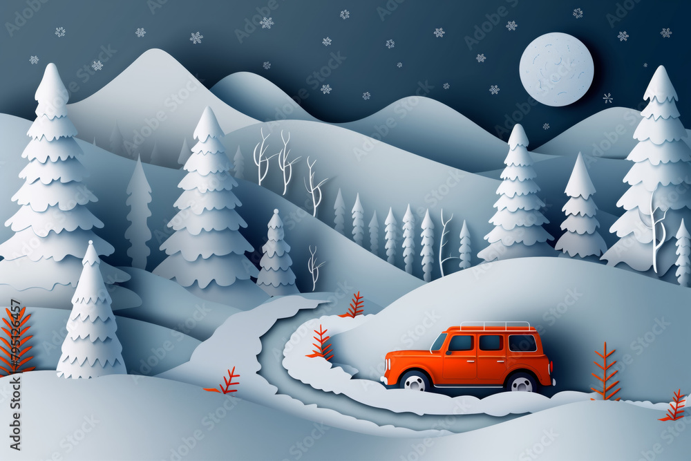 Orange car driving down snowy road trip - obrazy, fototapety, plakaty 