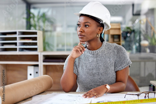 Thinking, architecture and black woman drawing blueprint in office for construction building project. Design, engineer and female industrial worker working with ideas on infrastructure plans.