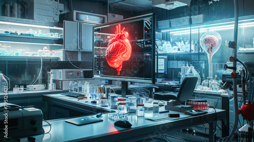 Cardiology Laboratory. Study of Human Heart with Digital Heart Model Displayed on Computer Screen photo