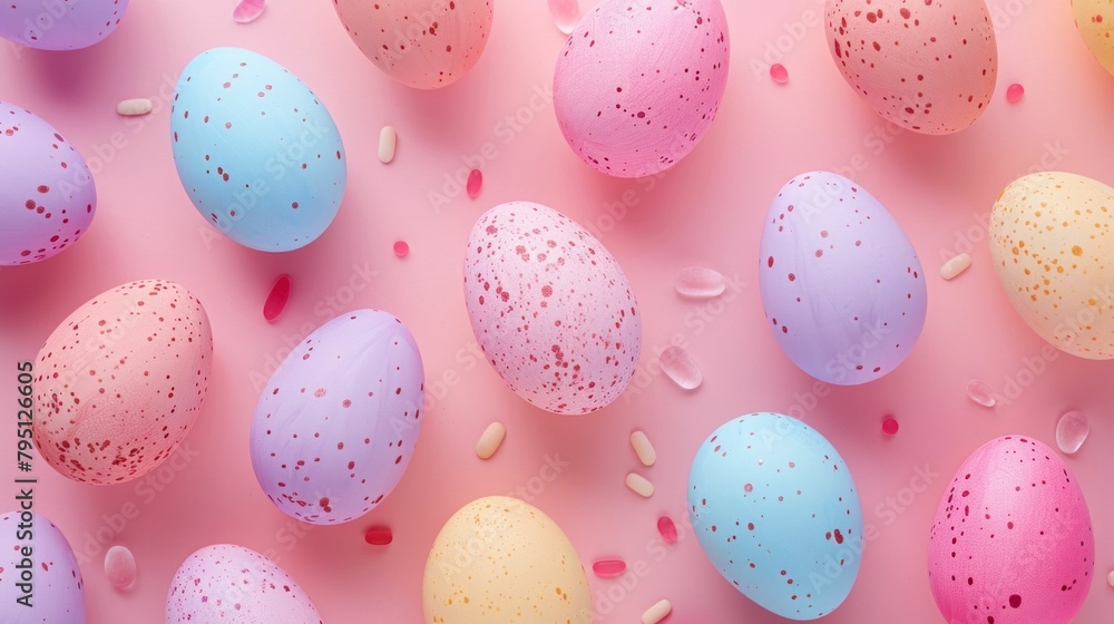 Colorful Easter Eggs on Pink Background Flat Lay Top View with Easter Theme for Background