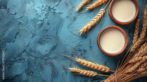 Table With Two Cups of Milk and Two Stalks of Wheat