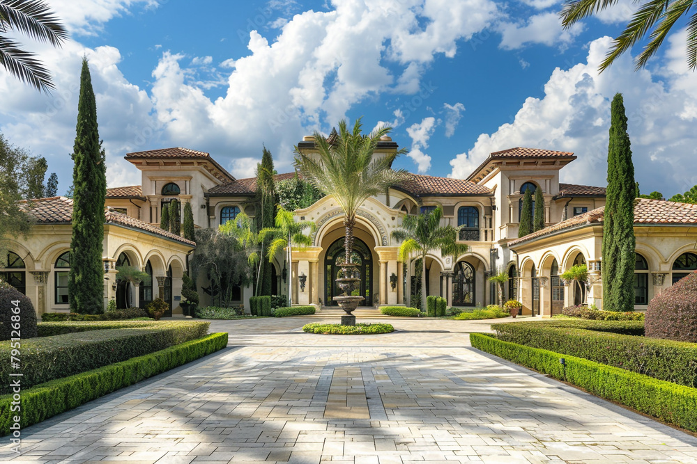 A luxurious mansion with a grand entrance, featuring intricate architectural details and a sweeping driveway.