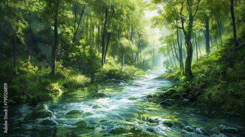 Tranquil river flowing through a verdant fores