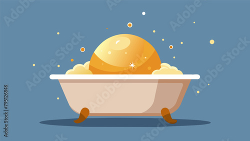 A shimmering gold bath bomb is gently p into a warm tub fizzing and releasing a stimulating blend of citrus and ginger..