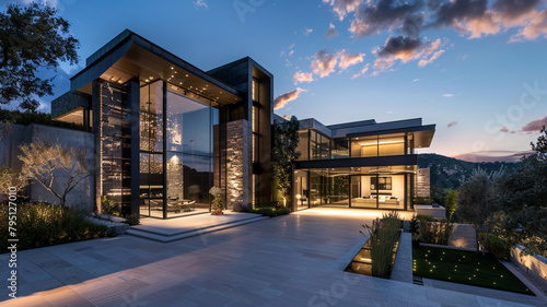 A luxurious modern mansion with a grand entrance, featuring a combination of glass, steel, and natural stone materials against a backdrop of rolling hills.