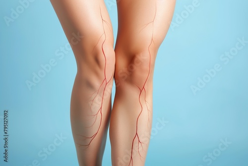 Patient with sign of varicose veins symptoms on a legs. Blue background. Leg pain. Phlebology. Venous pathologies of the lower extremities. Human vessel, arteries. Capillaries. Blood system. Banner photo
