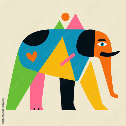 Vector illustration with abstract elements elephant with mountains, sun and heart. Trendy home decoration poster, childish apparel print design © julymilks
