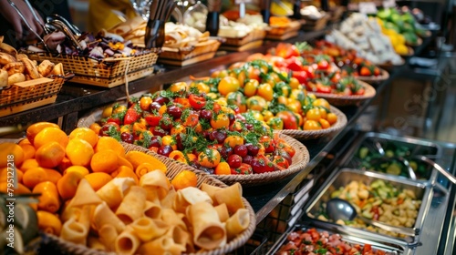 Vibrant food display with a variety of international street food classics, perfect for adventurous eaters photo
