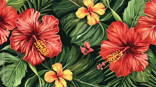 Seamless pattern Exotic hawaiian tropical hibiscus flower