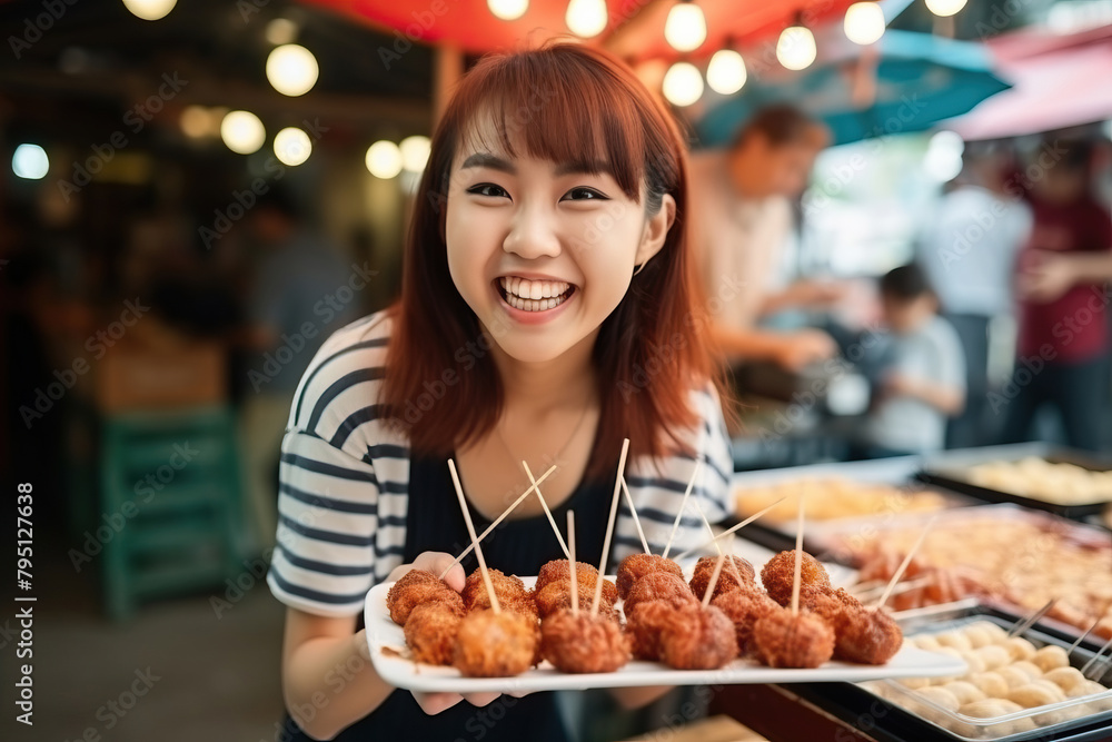 A woman with a tray of delectable asian street food items at the market, smiling