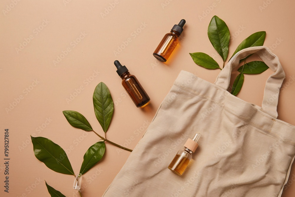 a group of bottles of essential oils on a cloth bag a group of bottles of essential oils on a cloth bag