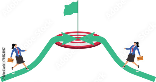 Pursue and goals, two businesswomen run on arrows and trying to reach common goals