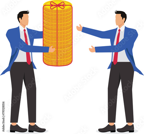 Hand holding a pile of bundled gold coins to give businessmen, economic stimulus and fiscal stimulus measures
