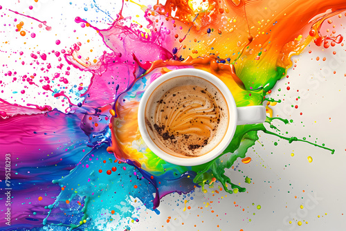 3D illustration of rainbow explosion in the coffee cup ,Colorful splashed in coffee cup sitting on table,Abstract background of splashes of colored paint Spreading liquid paint of different colors .
