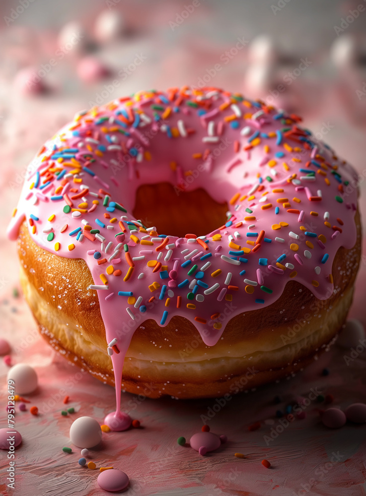 Frosted sprinkled donut on pink background. Frosted sprinkled donut on pink background.