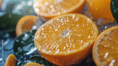 Group of Oranges With Leaves and Water Droplets