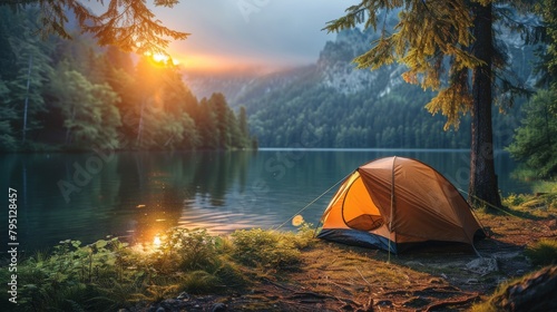 Tent Pitched on Lake Shore