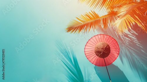 a pink umbrella and palm trees