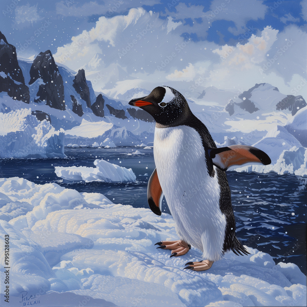 Fototapeta premium Penguin's March: From Icy Shores to Endless Horizons