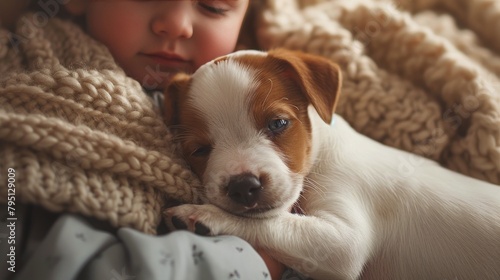 Little Girl Cuddling With Puppy