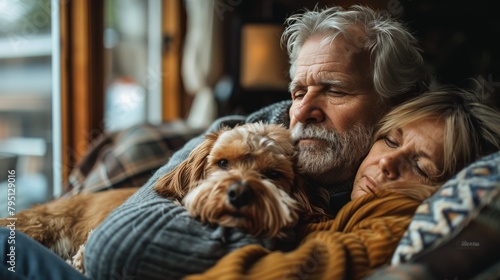 Man and Woman Relaxing on Couch With Dog