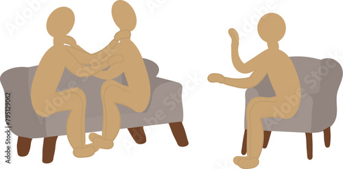 Couples Counselling vector drawing illustration drawn in brown and grey colors   of a couple fighting on a couch whilst sitting down and another person on a single couch with the arms in the air 