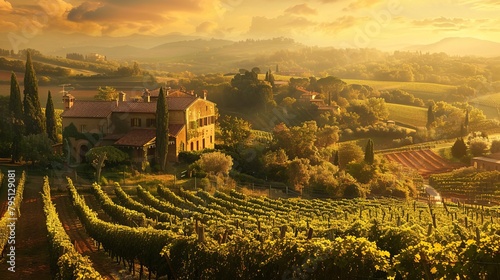 A charming Tuscan vineyard bathed in golden sunlight, inviting relaxation and indulgence