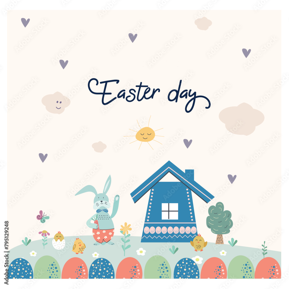 Happy Easter, poster, invitation card, background, postcard. Vector illustration, hare on lawn, house with flowers and clouds. Happy Easter, poster, invitation card, background, postcard. Vector illustration, hare on lawn, house with flowers and clouds.
