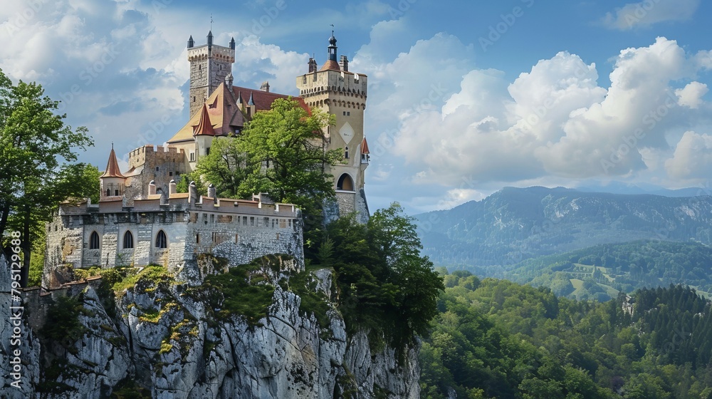 A majestic castle perched atop a rocky promontory, steeped in history and legend