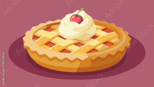A serving of warm apple pie with a flaky crust and a dollop of vanilla bean ice cream melting on top..