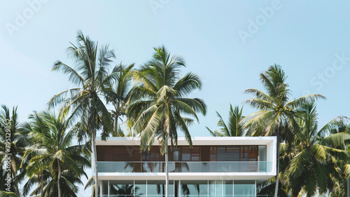 A minimalist modern residence with a flat roof and sleek white facade  nestled among tall palm trees swaying gently in the tropical breeze.