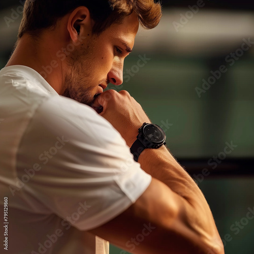 Healthy man training watch smartphone using pulse checking monitor, fit active workout body activity,