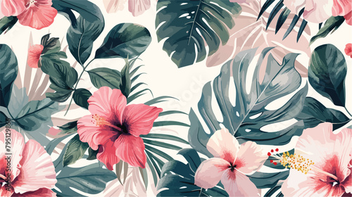Seamless pink beige background with flowers tropical