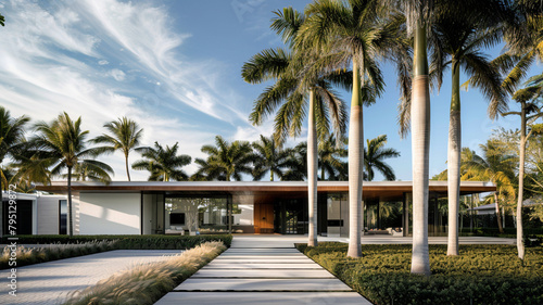 A minimalist modern residence with a flat roof and sleek white facade, nestled among tall palm trees swaying gently in the tropical breeze.