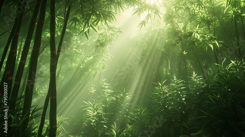 A peaceful bamboo grove with sunlight filtering through the dense canopy