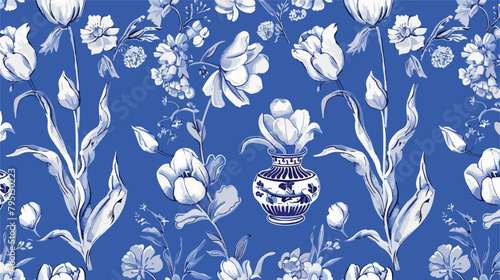 Seamless vector delftware pattern with tulips  #795130223