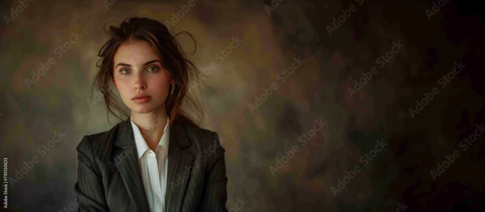 Woman dressed in a business suit, captured in a classic Renaissance portrait style. Plain background. Space for text Woman dressed in a business suit, captured in a classic Renaissance portrait style. Plain background. Space for text