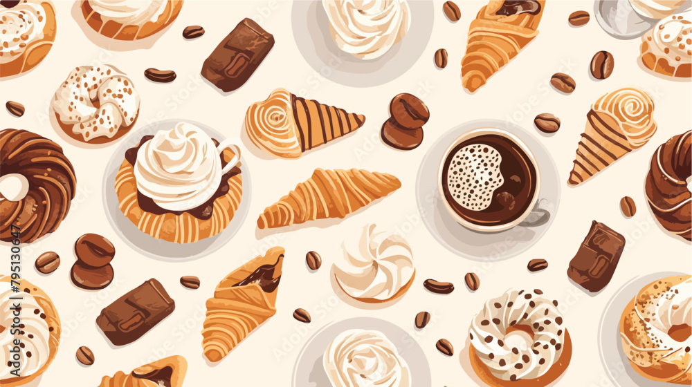 Seamless vector pattern with coffee cups and pastry vector