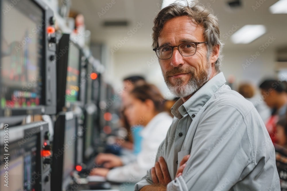 A middle-aged man with glasses poses casually in a modern broadcast control room A middle-aged man with glasses poses casually in a modern broadcast control room