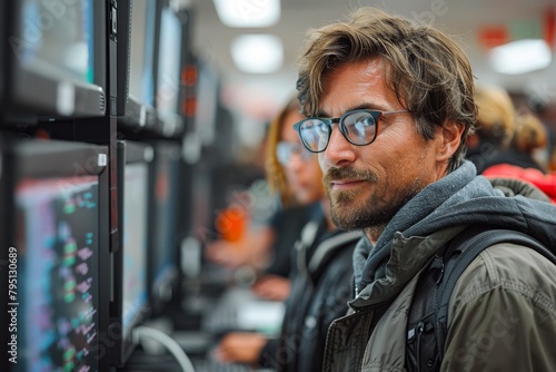 A customer is meticulously checking various television screens available for sale amidst a crowded electronic store photo