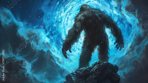 Mythical bigfoot standing on a mountain top looking into a wormhole portal art
