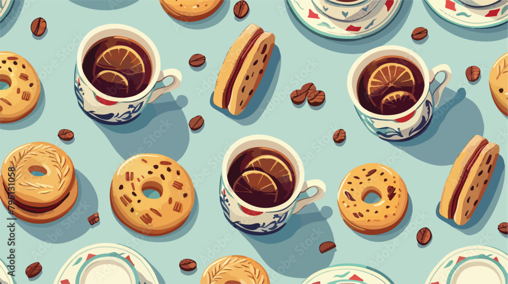 Seamless vector pattern with tea cups and cookies vector