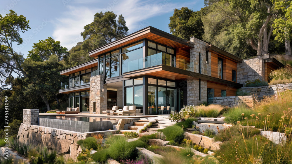 A modern home nestled into a hillside, with a combination of natural stone and wood materials blending seamlessly with the surrounding landscape.